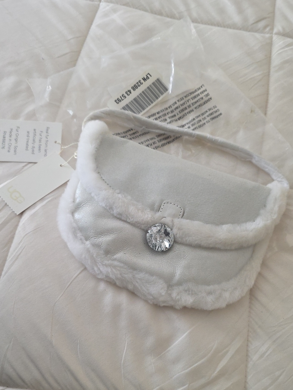 UGG White Mini Shearling Bag with Crystal Button